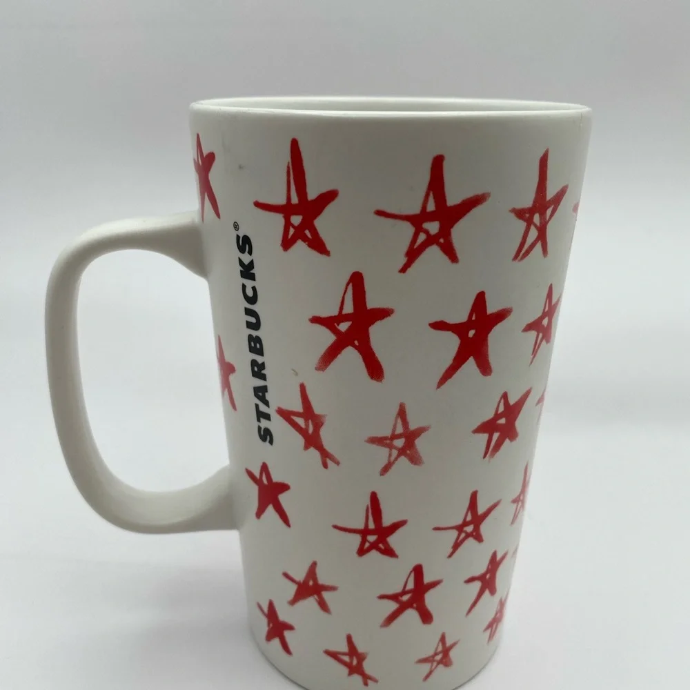 Starbucks 2014 Red Stars Ceramic Coffee Mug 16oz Grande Tall White Hand Drawn
